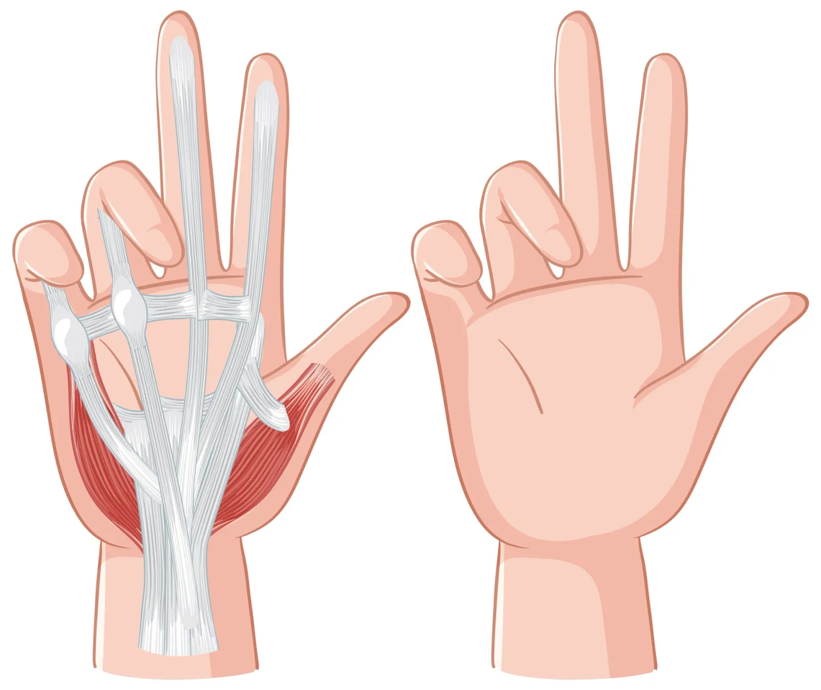 Illustration of hand muscles and tendons beside an outline of a hand