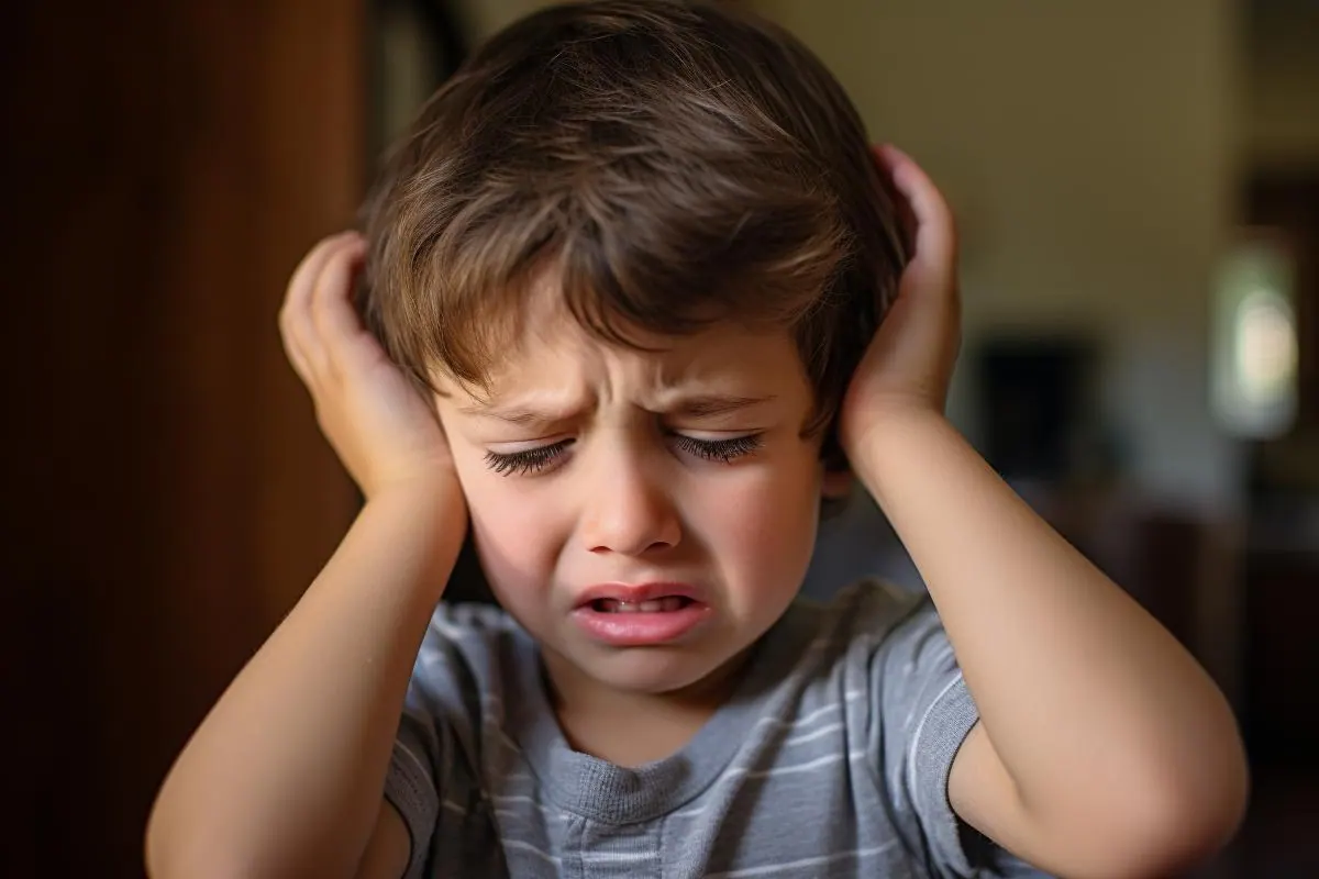 Young boy holding his head with a pained expression