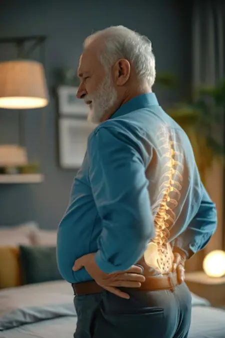 Older man holding his lower back with the spine highlighted