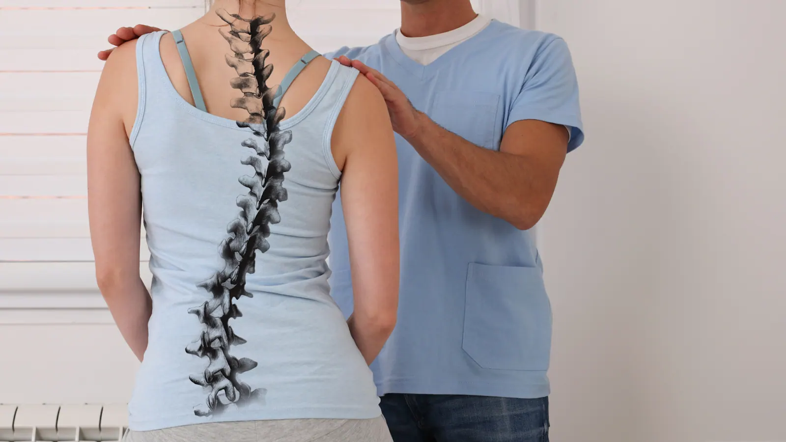 Practitioner checking a woman's shoulders, with a curved spine illustrated