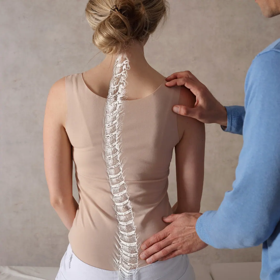 Practitioner checking a woman's spinal alignment, with her spine illustrated