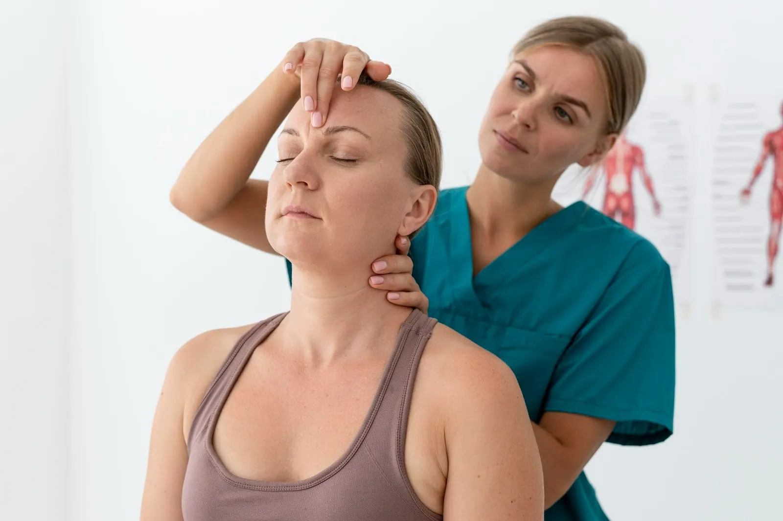 Practitioner assessing a woman's neck and head position