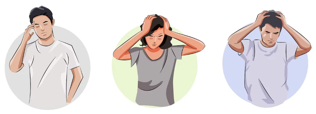 Illustration of three people holding their heads with dizziness