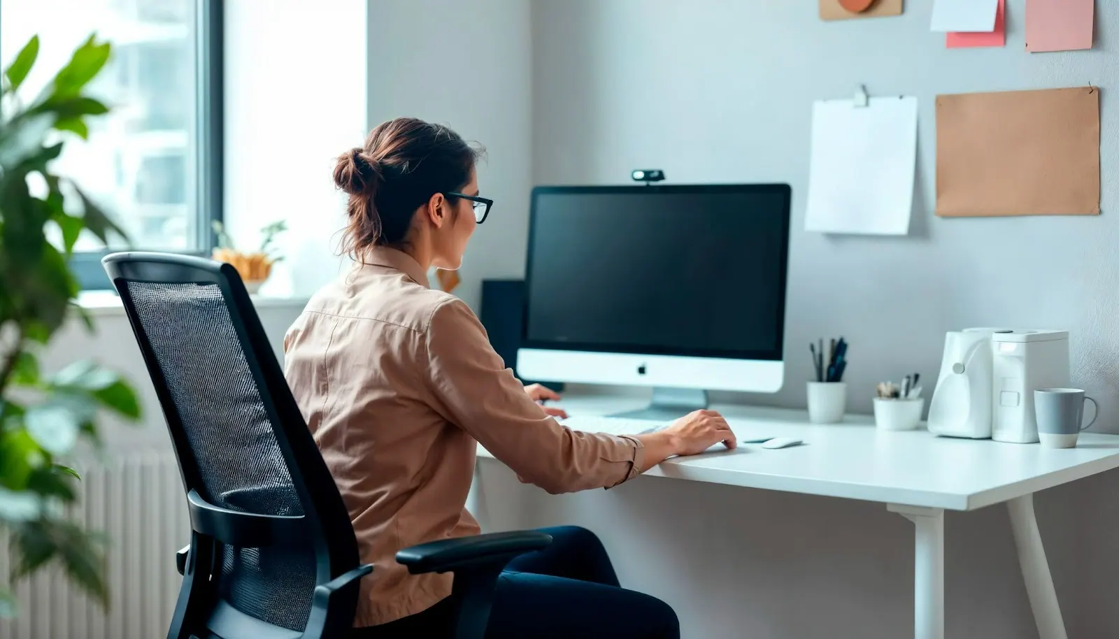 Woman working at a computer desk in a bright office
